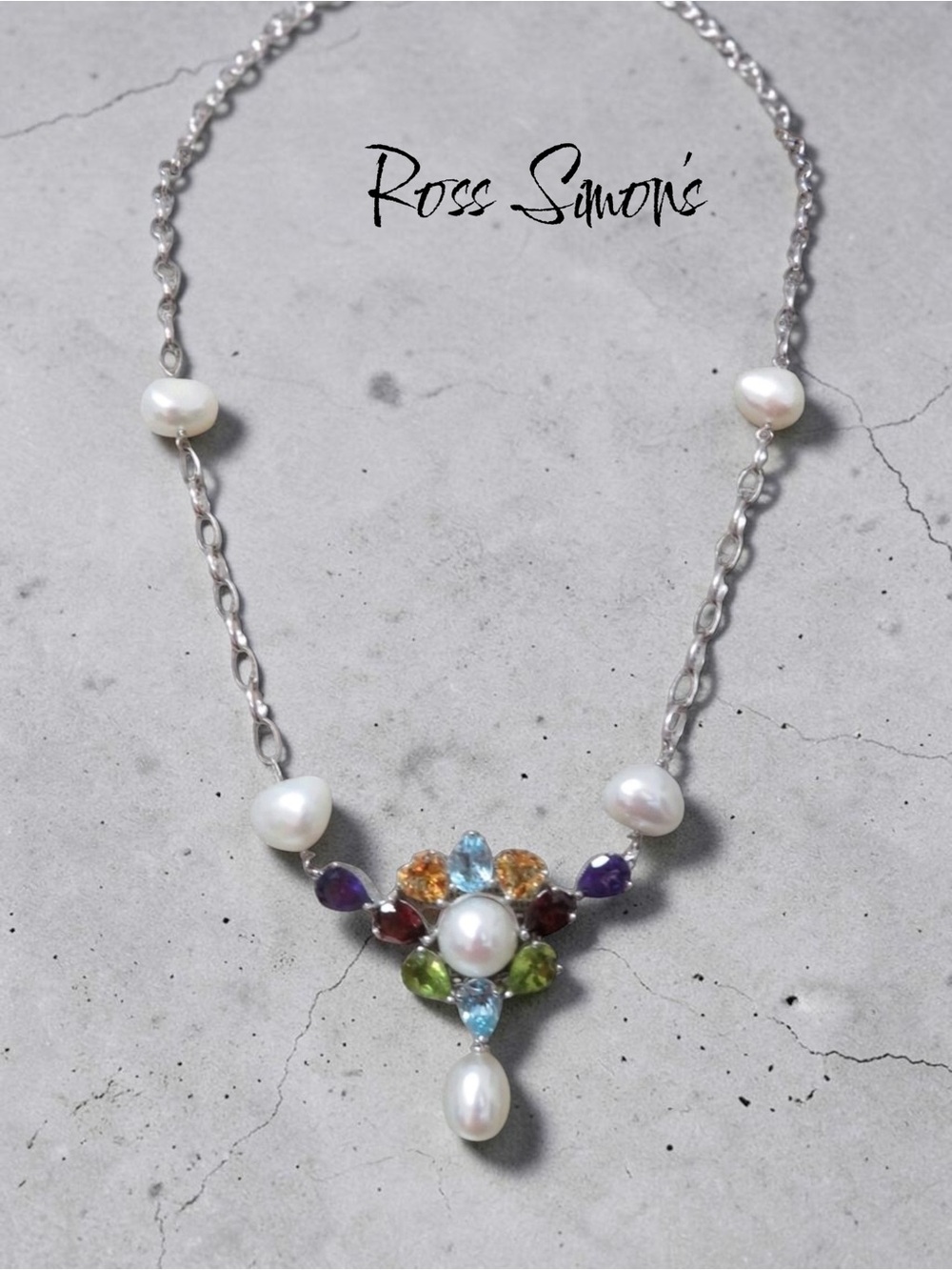 Vintage Ross Simons 925 Sterling Silver Multi-Gemstone & Pearl Necklace 16” w/Ex